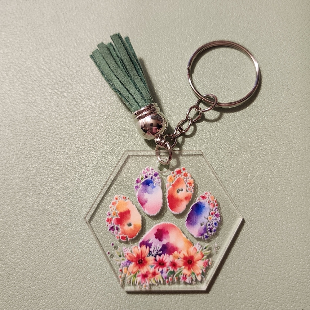 Colorful Paw Print Keychain with Tassel
